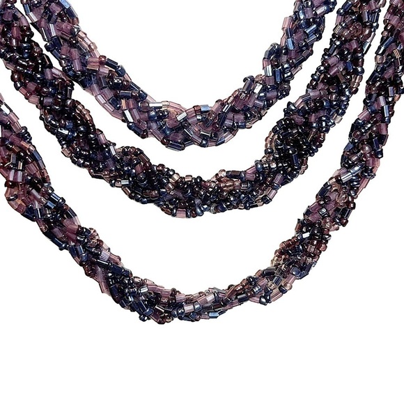 Vintage Three Tiered Braided Purple Glass & Onyx Beaded Statement Necklace - Picture 3 of 8